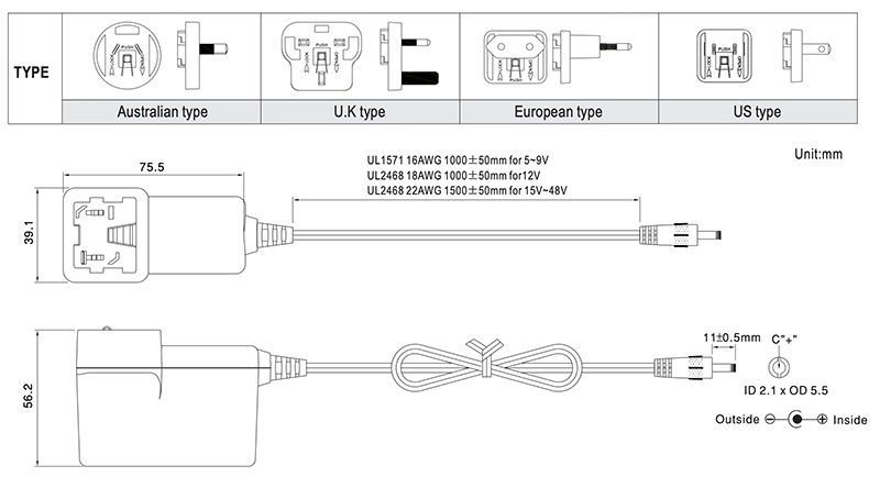 Mechanical Drawing - MEAN WELL GEM18I Wall Mount AC-DC Medical Adapters